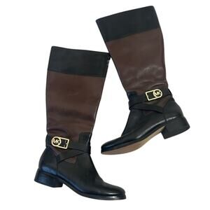 Michael Kors Riding Boots Womens 7 Brown Black 100% Leather Logo Equestrian Fall